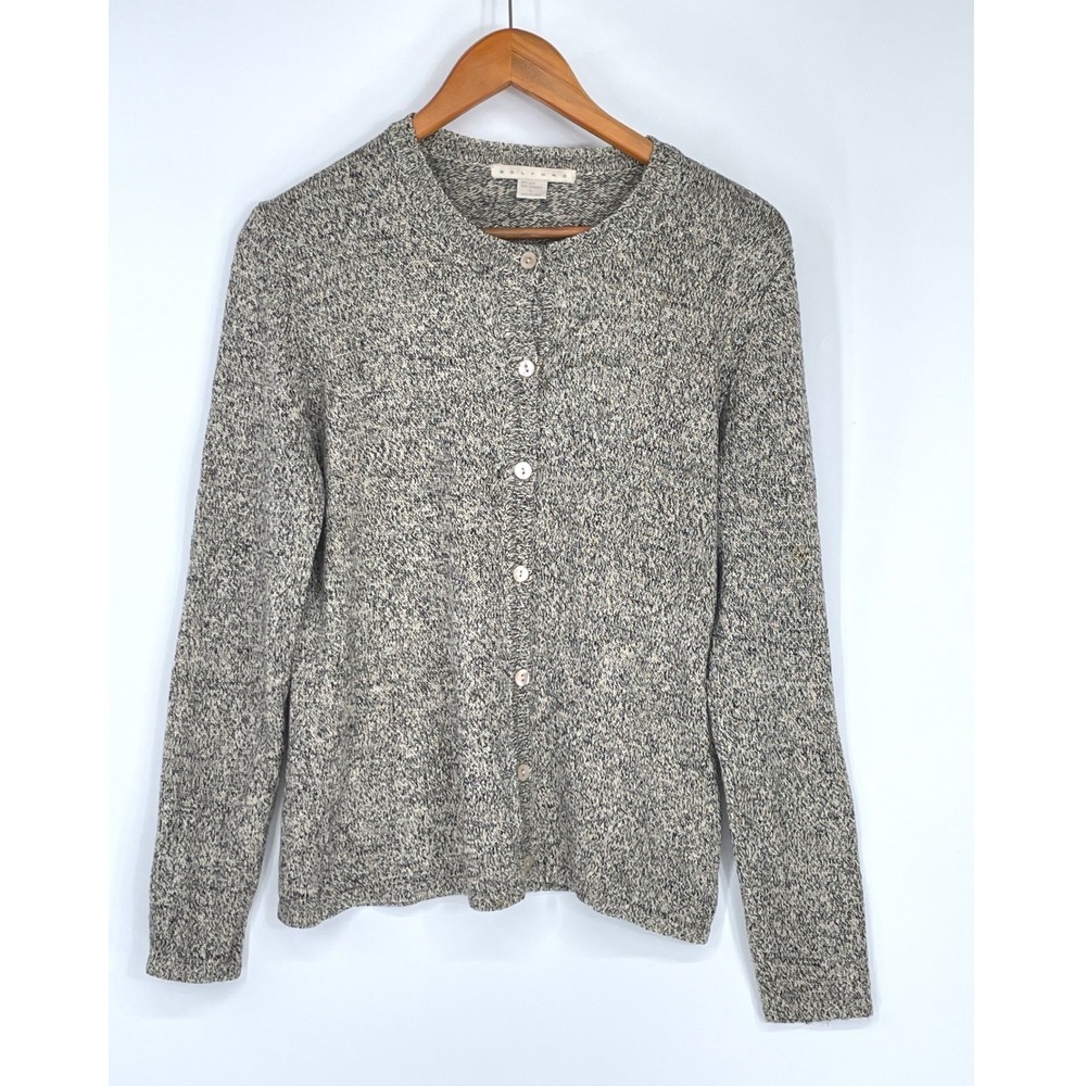 Belford Womens‎ Cardigan Large Sweater Black Tan White Silk Blend Marled